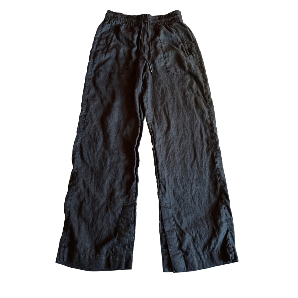 Athleta Retreat Linen High Rise Wide Leg Pants Black XS Drawstring Slit Hem